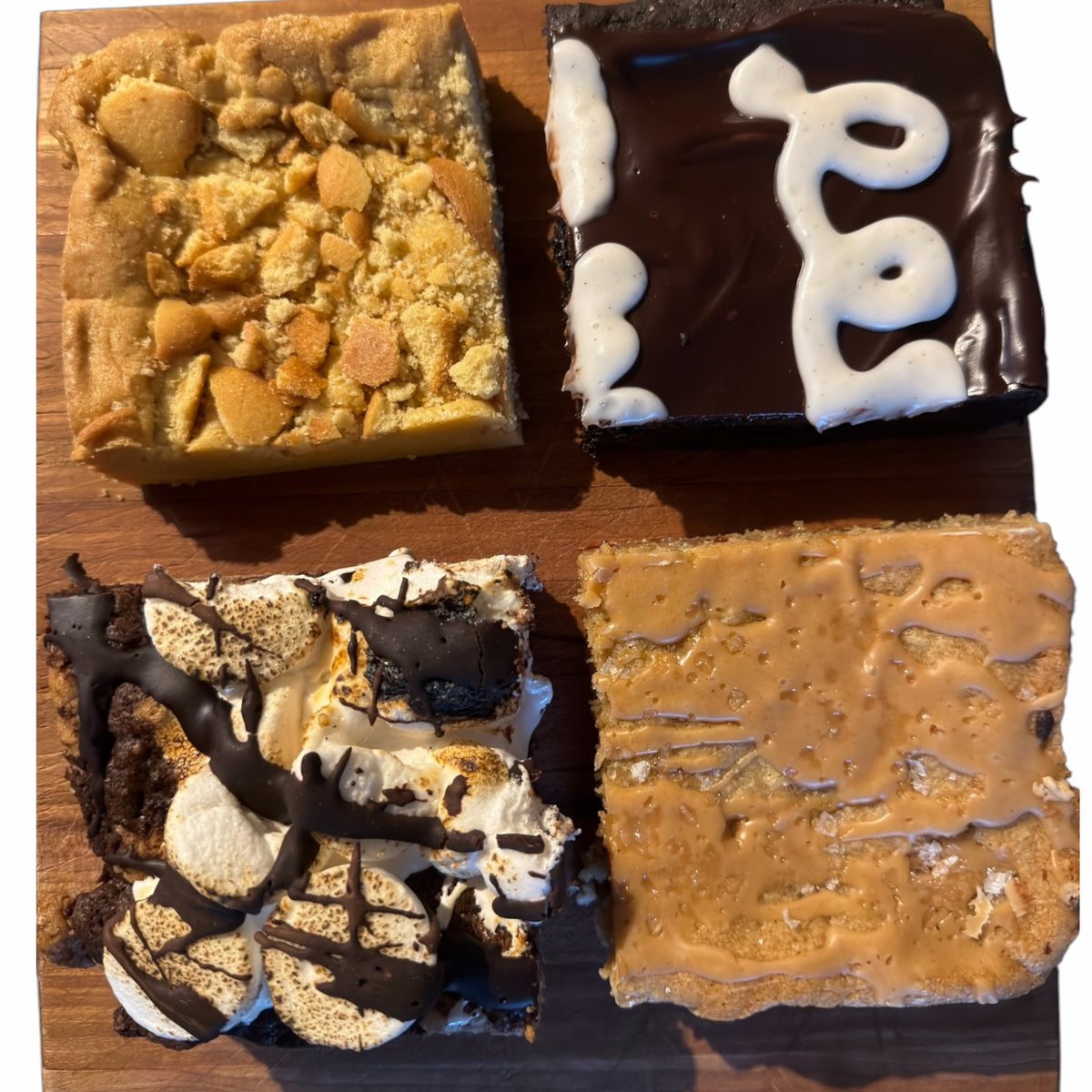 2nd Job Bakery gourmet dessert bar sampler featuring fudgy brownies, blondies, toasted marshmallows, and nut butter.